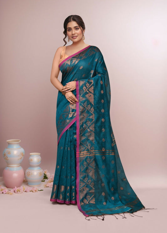 Joban Fashion Aqua Blue Cotton Blend Handloom Saree