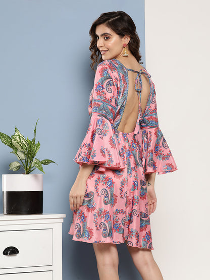 InWeave Women's Pink Floral Blue Bell Sleeve Dress