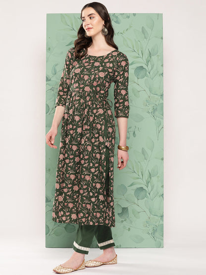 InWeave Women's Green Floral Motif Nyra Kurta Set With Dupatta
