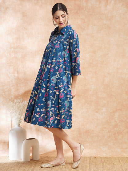 InWeave Women's Blue Pink Kalamkari Flared Dress