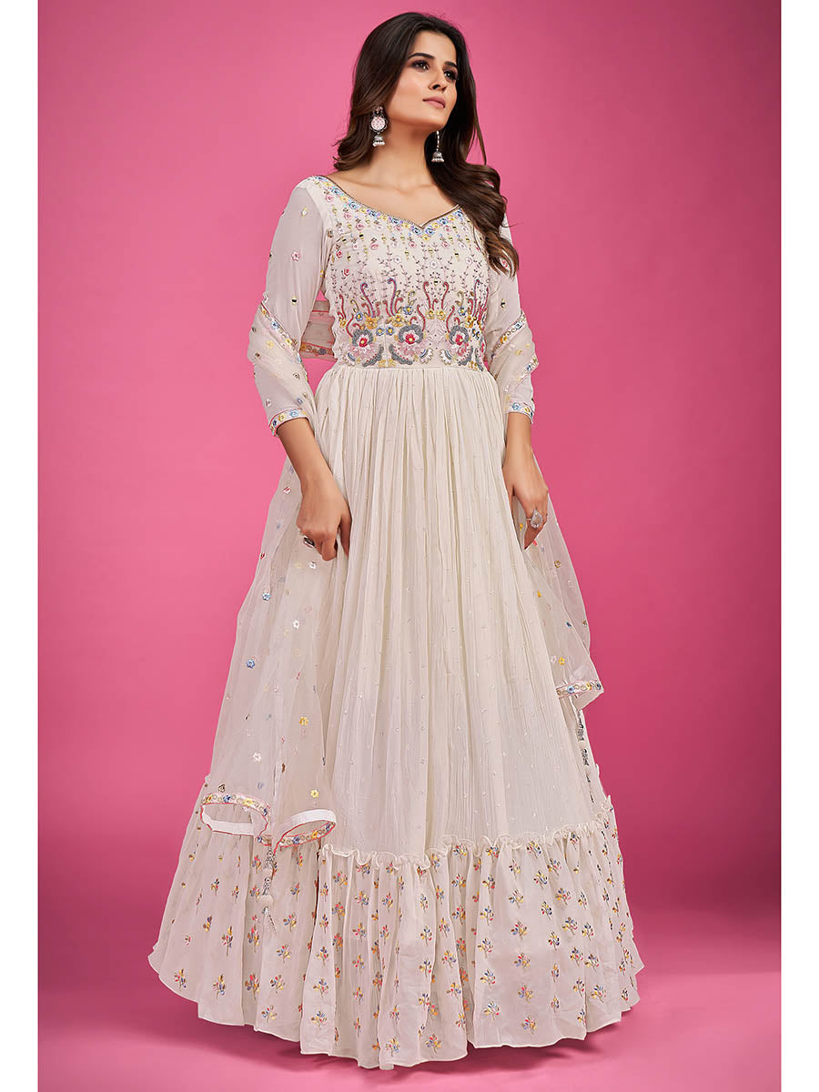 Myra White Pure Georgette Embroidered Gown