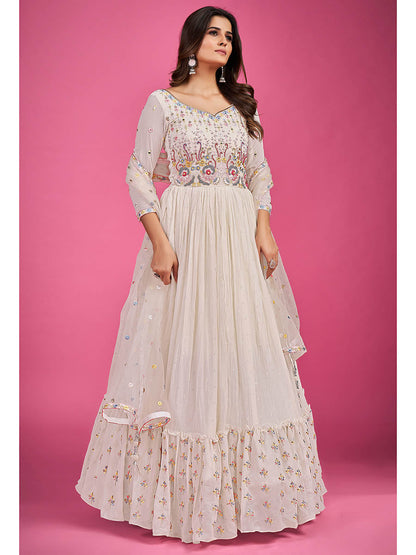 Myra White Pure Georgette Embroidered Gown