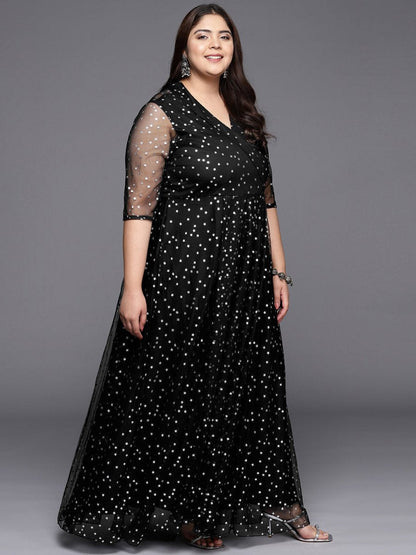 Ahalyaa Plus Size Printed Net V-neck Maxi Ethnic Dress
