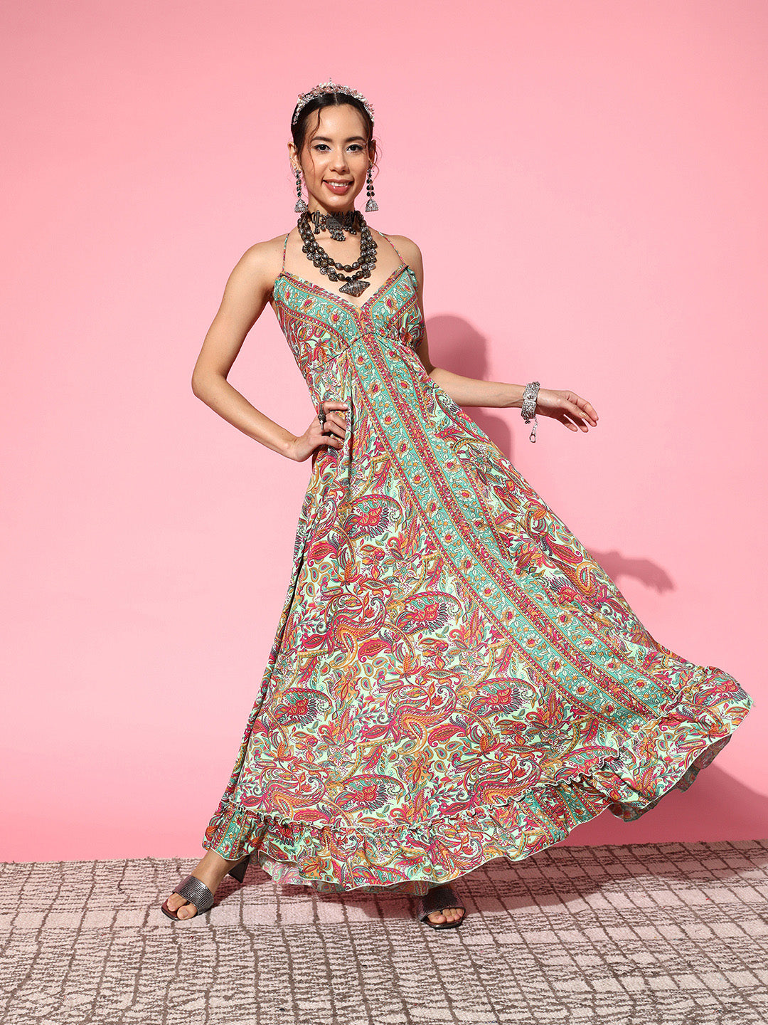 InWeave Women's Green Paisley Print Back Detail Long Dress