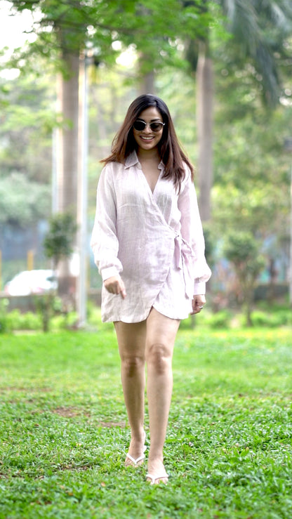 Noroke Linen Lilac Gold Wrap Shirt Dress