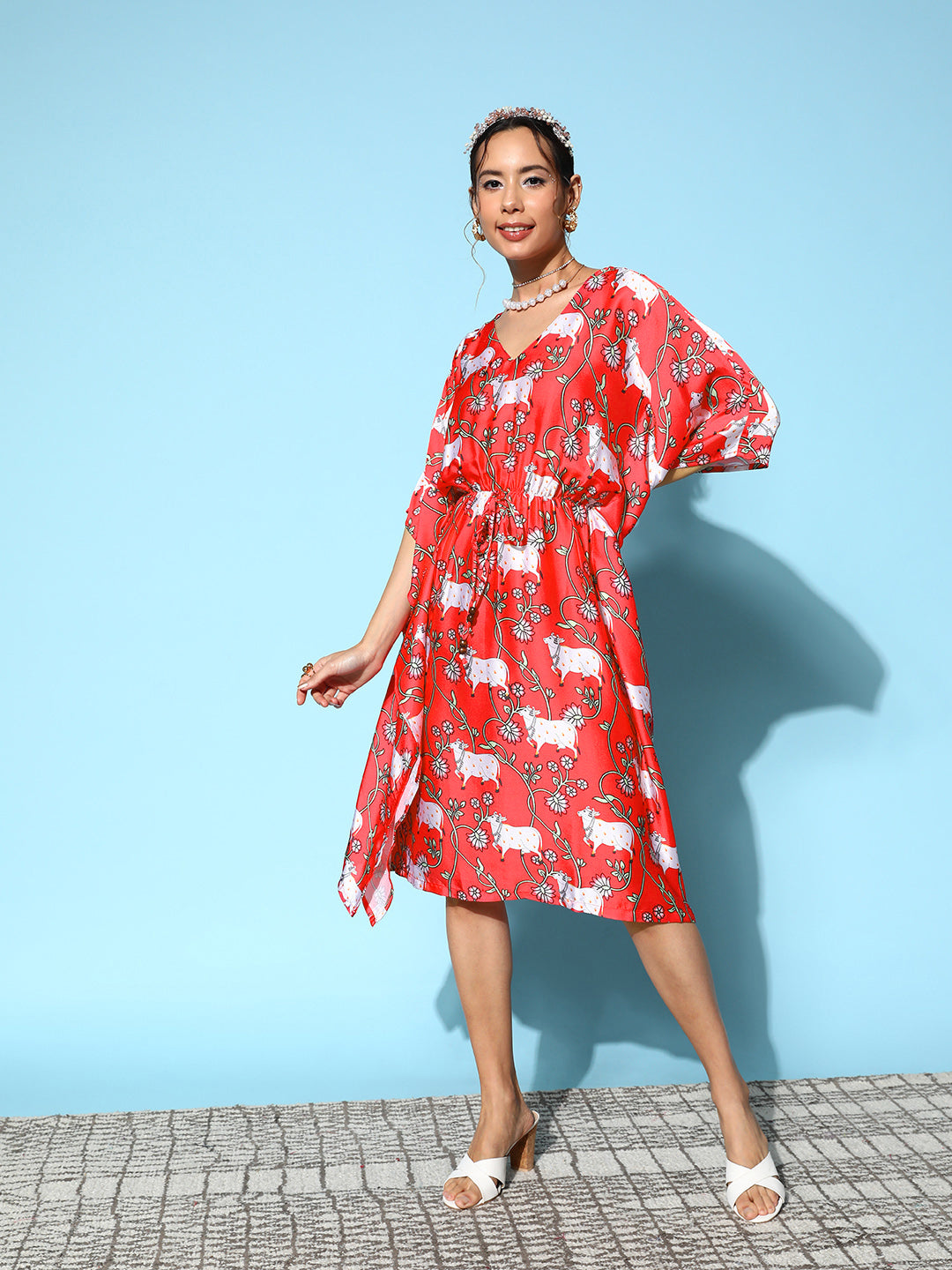 InWeave Women's Bright Pink Indian Bull Print Kaftan