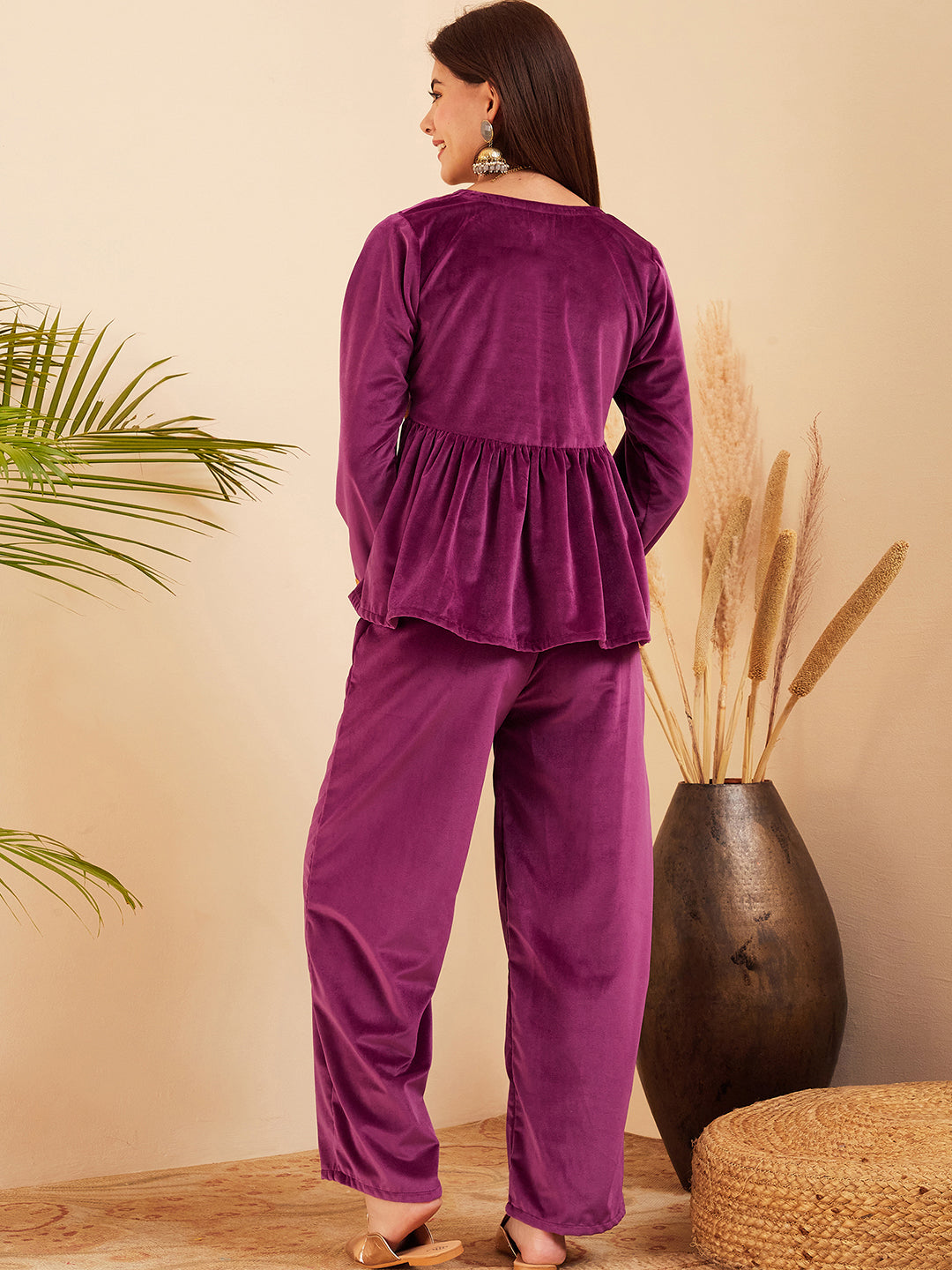InWeave Women's Wine Mughal Shaan Style Velvet Short Kurta Set