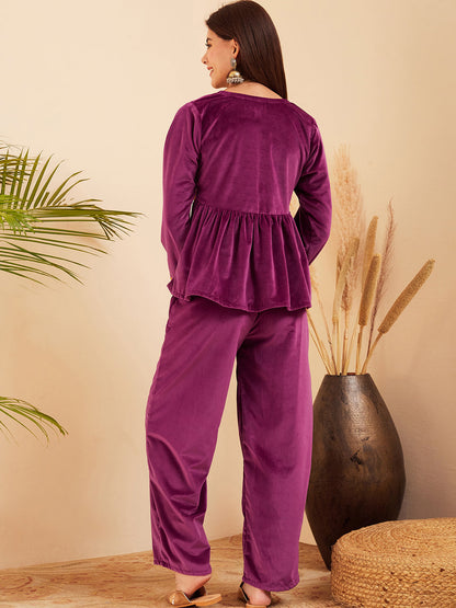 InWeave Women's Wine Mughal Shaan Style Velvet Short Kurta Set