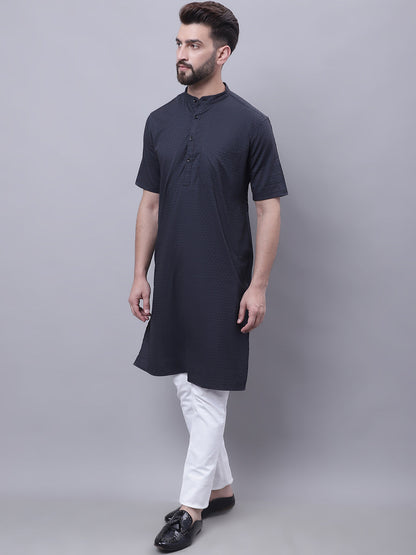 Even Apparels Black Pure Cotton Short Sleeves Kurta With Band Collar