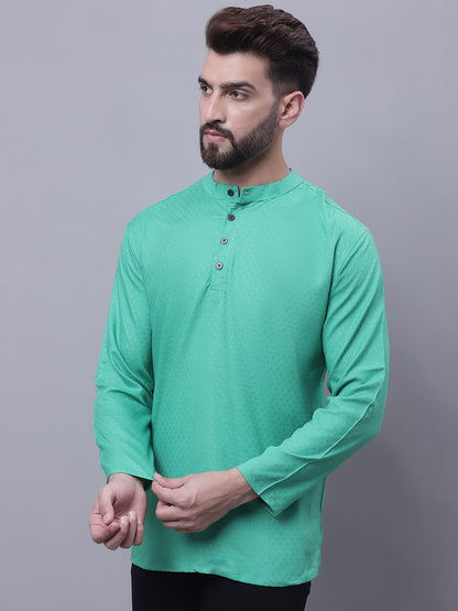Even Apparels Green Pure Cotton Short Kurta With Band Collar