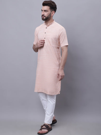 Even Apparels Peach Pure Cotton Short Sleeves Kurta With Band Collar