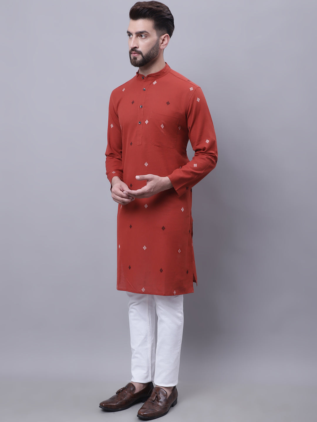 Even Apparels Rust Pure Cotton Kurta With Band Collar