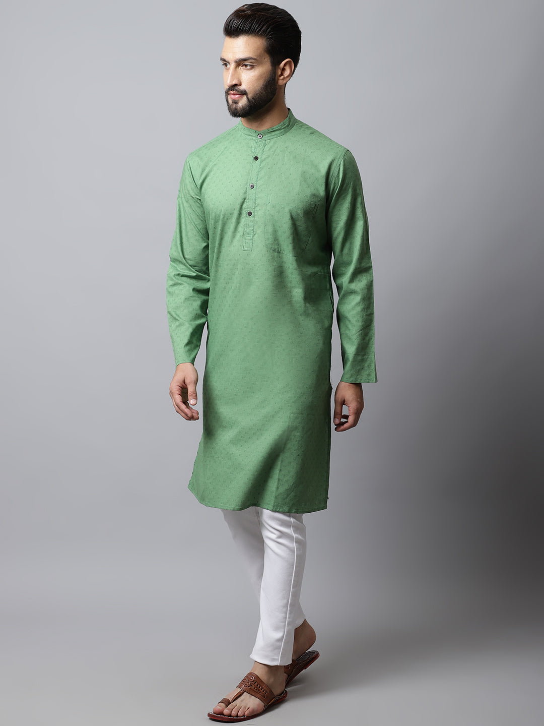 Even Apparels Green Solid Kurta With Band Collar