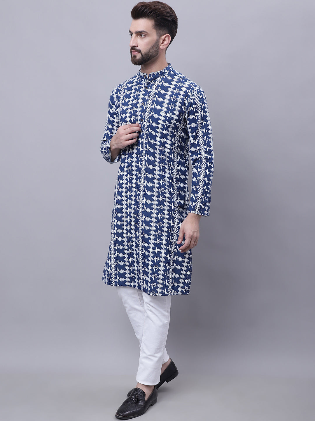 Even Apparels Blue Pure Cotton Kurta With Band Collar