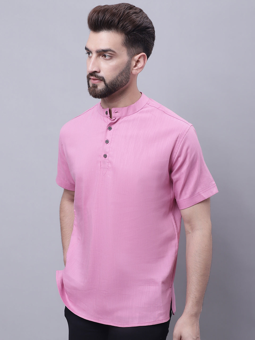 Even Apparels Pink Pure Cotton Short Kurta With Band Collar