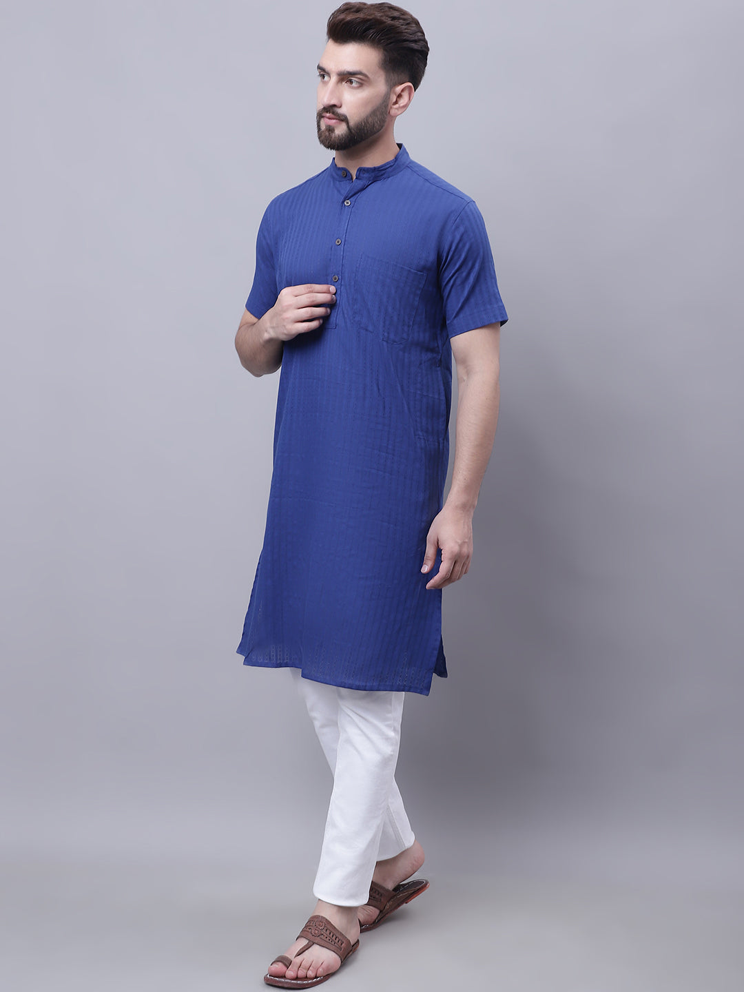 Even Apparels Blue Pure Cotton Short Sleeves Kurta With Band Collar