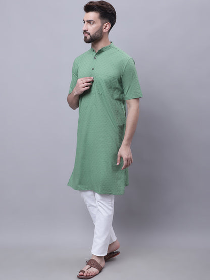 Even Apparels Green Pure Cotton Short Sleeves Kurta With Band Collar
