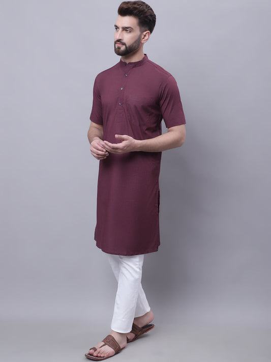 Even Apparels Wine Pure Cotton Short Sleeves Kurta With Band Collar