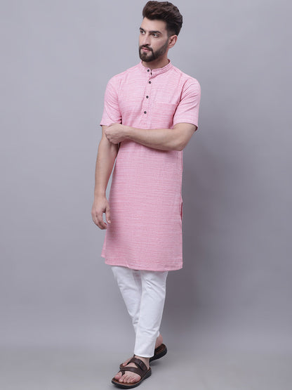 Even Apparels Pink Pure Cotton Short Sleeves Kurta With Band Collar