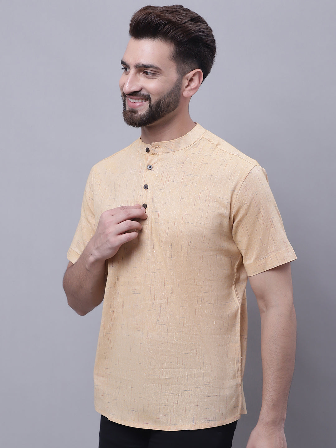 Even Apparels Beige Pure Cotton Short Kurta With Band Collar