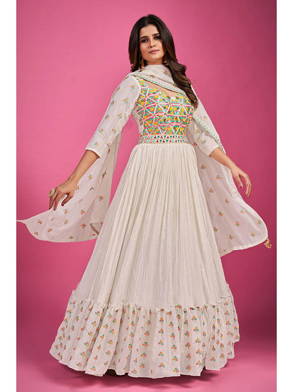 Myra White Chinon Silk Embroidered Gown