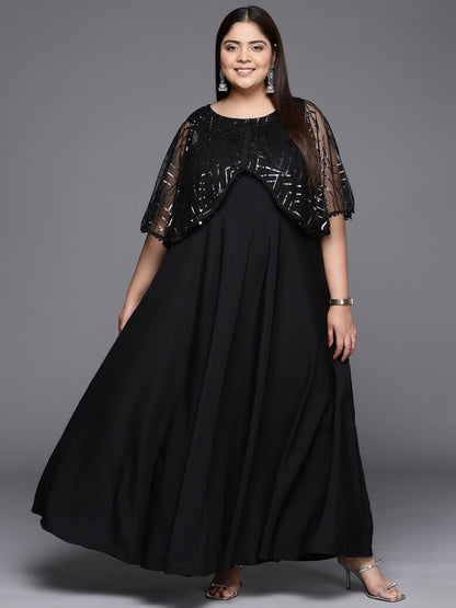 Ahalyaa Plus Size Geometric Print Crepe Layered A-line Maxi Ethnic Dress