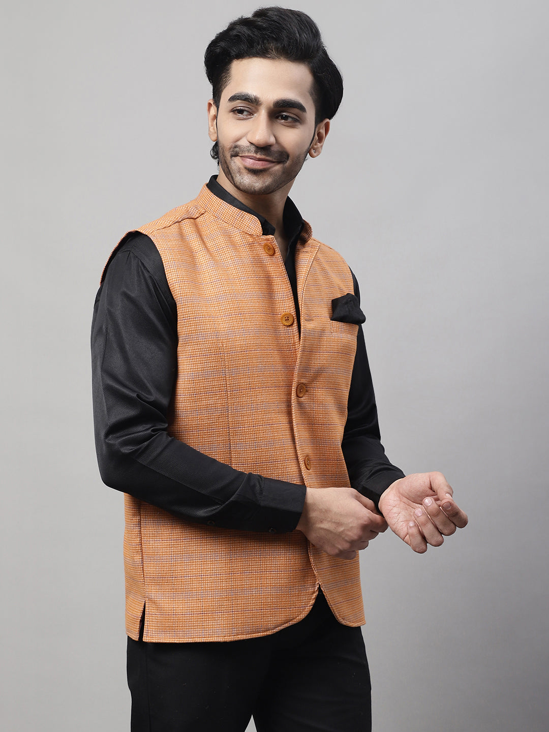 Even Apparels Men's Orange Nehru Jacket With Welt Pockets
