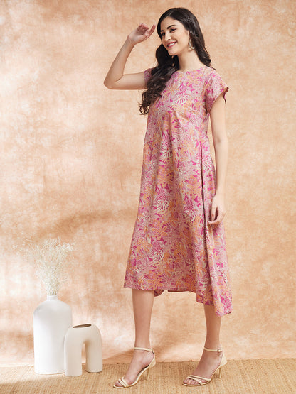 InWeave Women's Pink Coral Floral Print A Line Dress