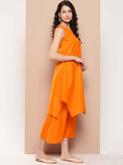 InWeave Women's Tangy Orange Short Pallazo Set W Green Or Dupatta