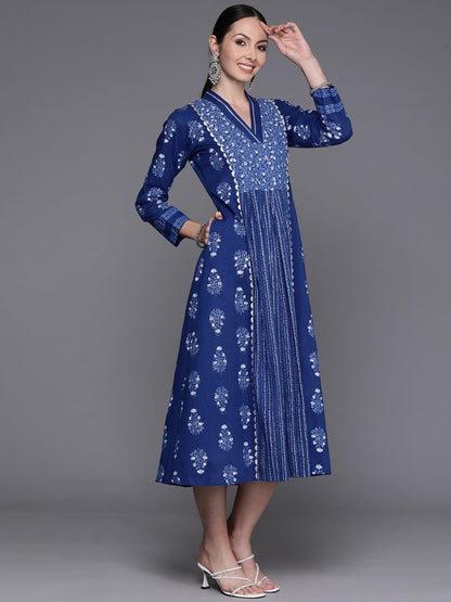 Ahalyaa Floral Print Midi Pure Cotton Ethnic Dress with Lace Inserts Detail