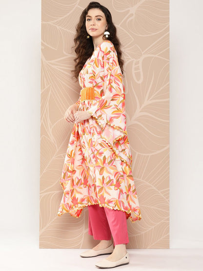 Ahalyaa Women Floral Printed Flared Sleeves Gotta Patti Crepe Kaftan Kurta