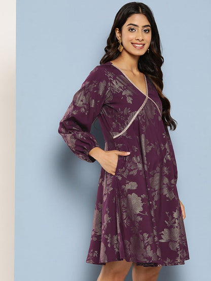Ahalyaa Floral Print Puff Sleeves Empire Crepe Ethnic Dress