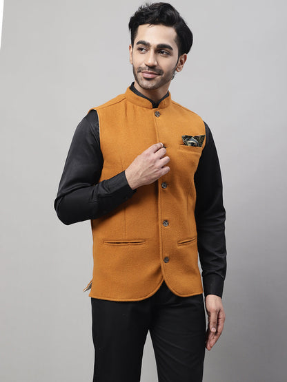 Even Apparels Men's Orange Pure Wool Nehru Jacket