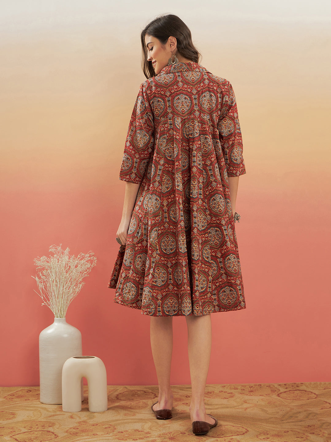 InWeave Women's Maroon Mughal Kalamkari Flared Dress