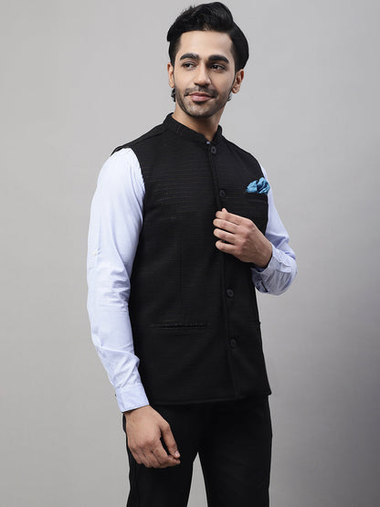 Even Apparels Men's Black Nehru Jacket With Welt Pockets