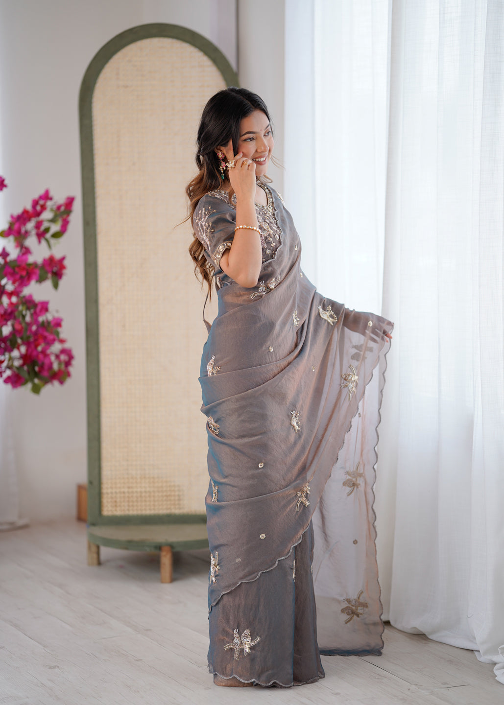 Evanik Grey Mos Silk With Handwork Butterfly Design Saree With Unstitched Blouse
