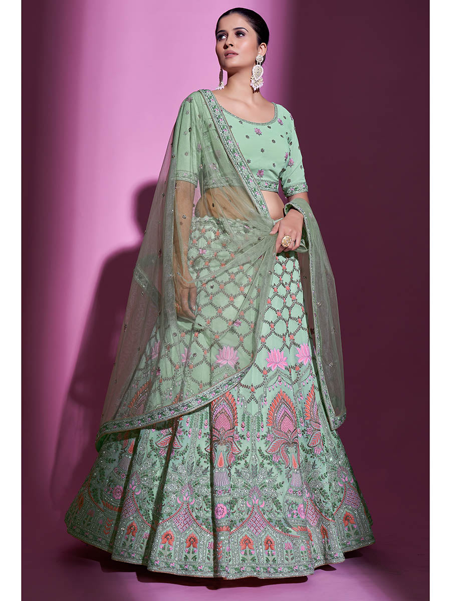 Myra Pista Green Georgette Embroidered Designer Lehenga Choli