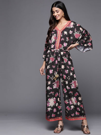 Ahalyaa Printed Crepe Basic Jumpsuit With Lace Inserts