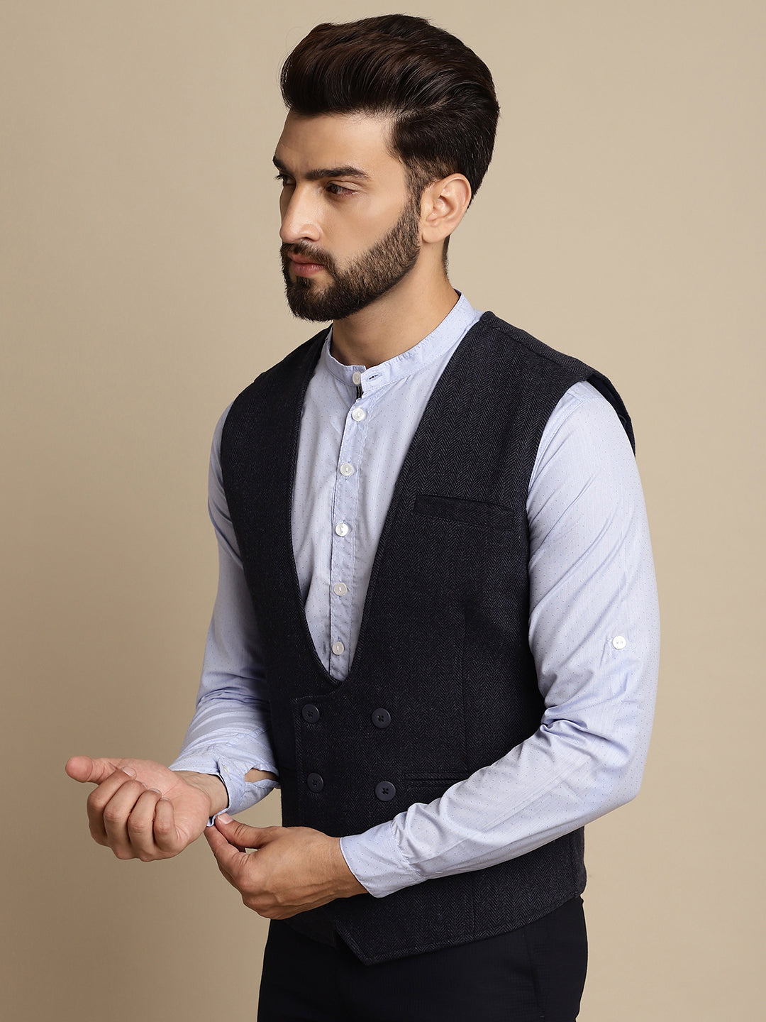 Even Apparels Men's Blue Woolen Double Breast Waistcoat