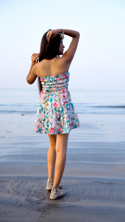 Noroke Linen Blue Floral Mini Tiered Dress - Printed
