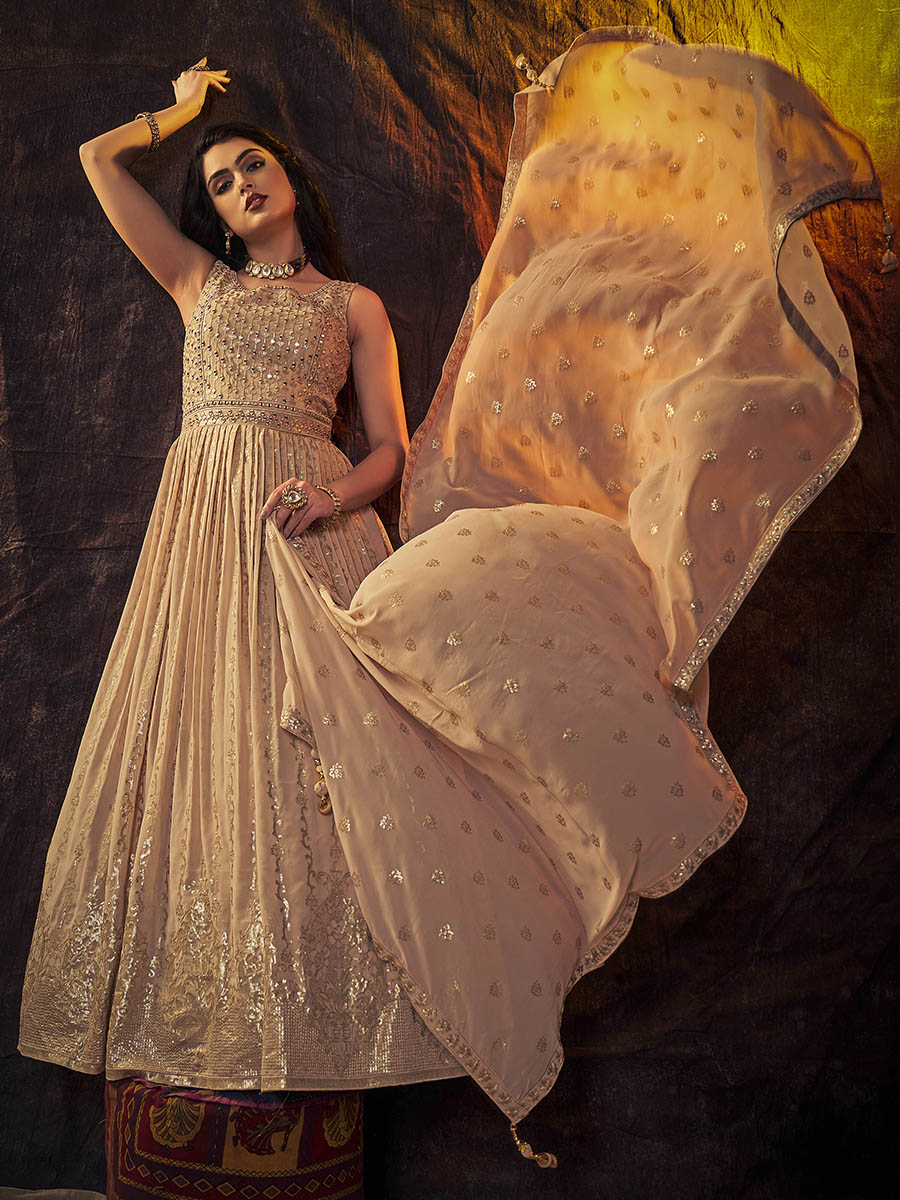 Myra Peach Real Georgette Designer Gown Style Suit