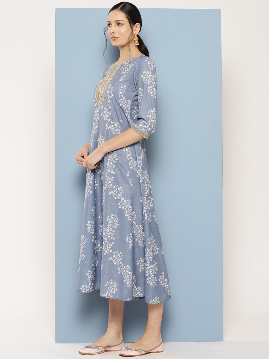 Ahalyaa Floral Printed Midi A-Line Ethnic Dress