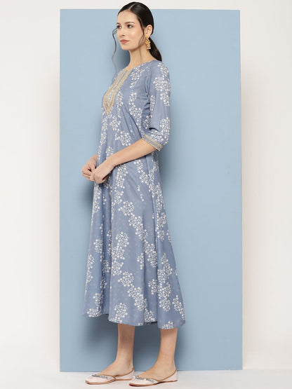 Ahalyaa Floral Printed Midi A-Line Ethnic Dress