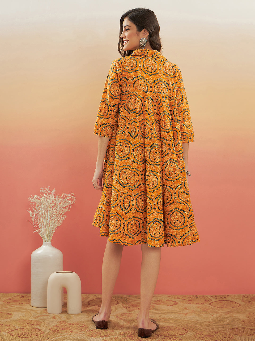 InWeave Women's Haldi Yellow Mughal Kalamkari Flared Dress