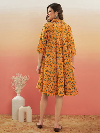 InWeave Women's Haldi Yellow Mughal Kalamkari Flared Dress