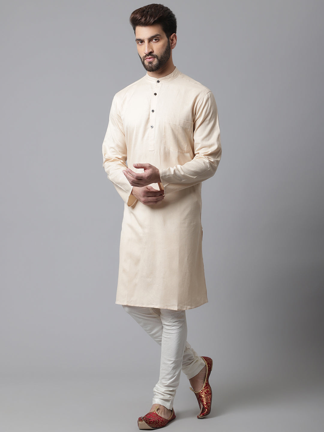 Even Apparels Cream Pure Cotton Kurta With Band Collar