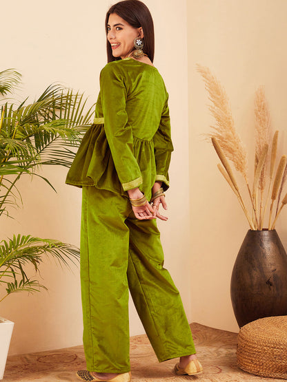 InWeave Women's Olive Mughal Shaan Style Velvet Short Kurta Set