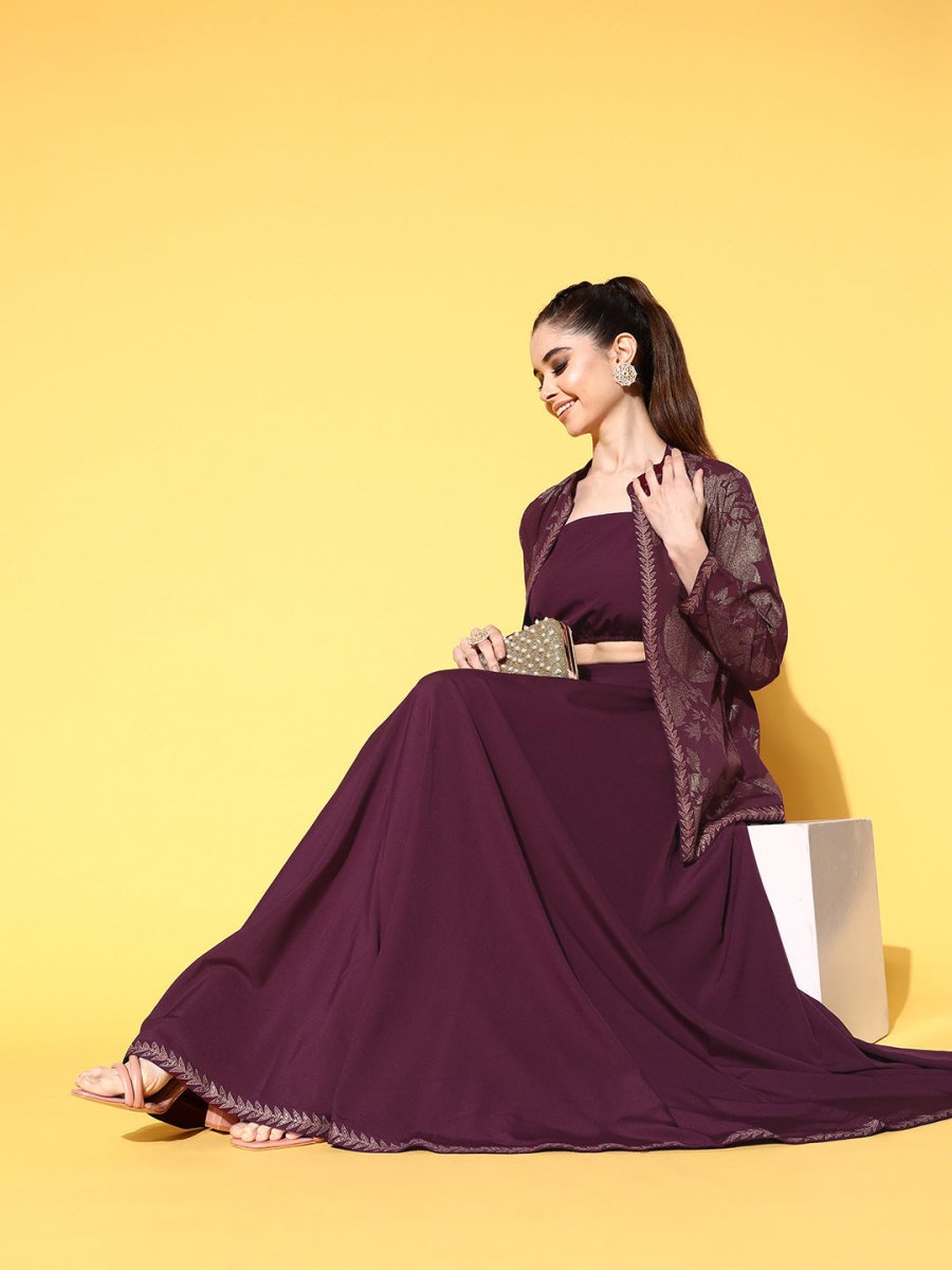 Ahalyaa Women Burgundy Top With Skirt & With Jacket
