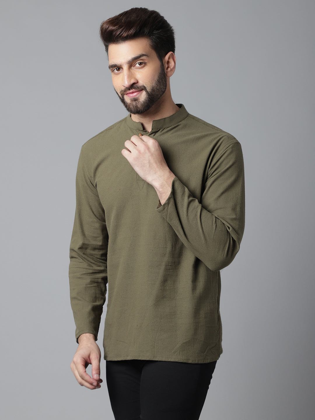 Indian Clothing Even Apparels Green Pure Cotton Kurta With Band Collar