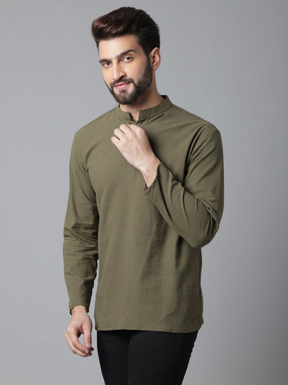 Indian Clothing Even Apparels Green Pure Cotton Kurta With Band Collar